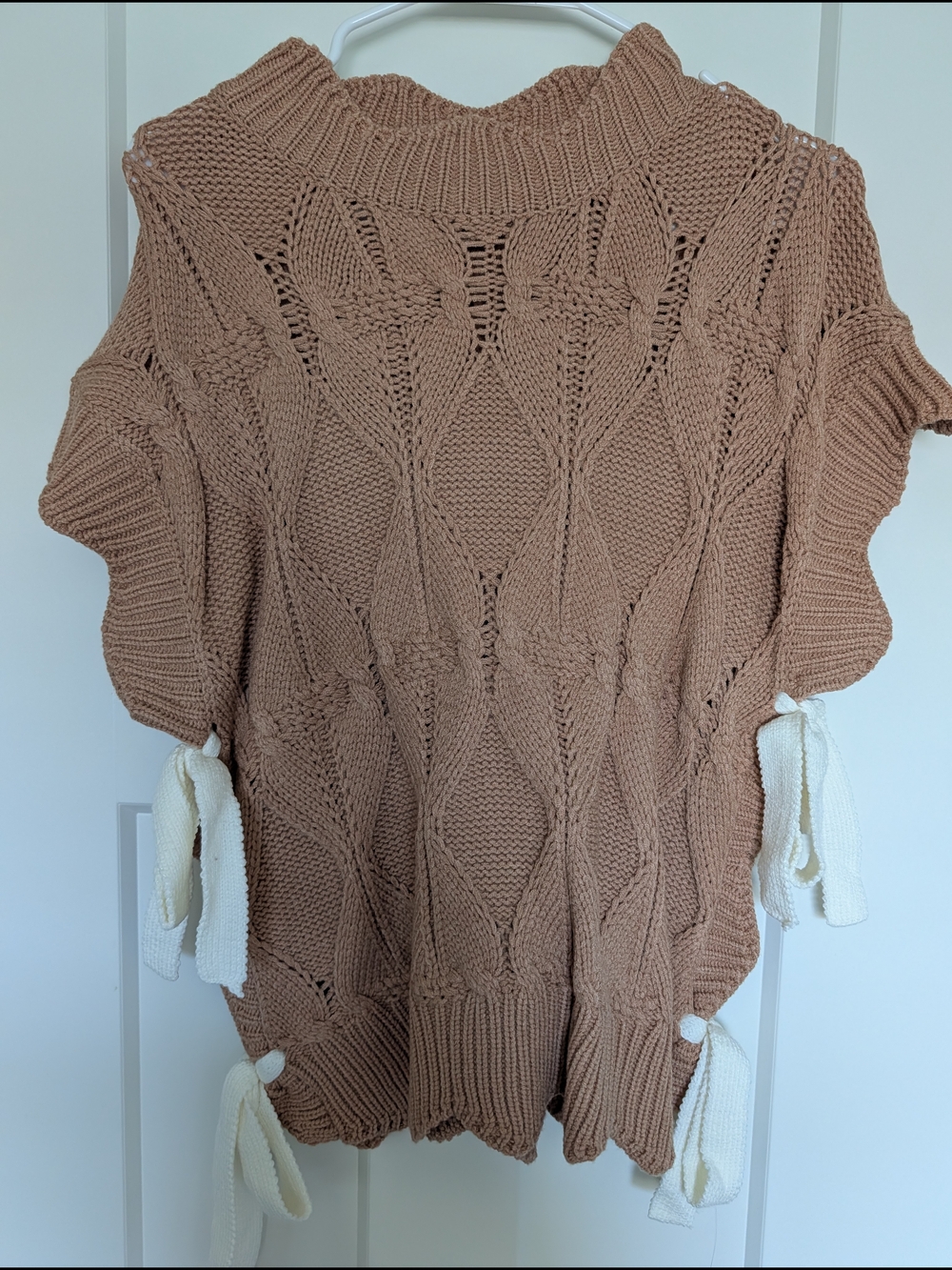 Cozy Taupe Knit Poncho with Cream Tie Accents